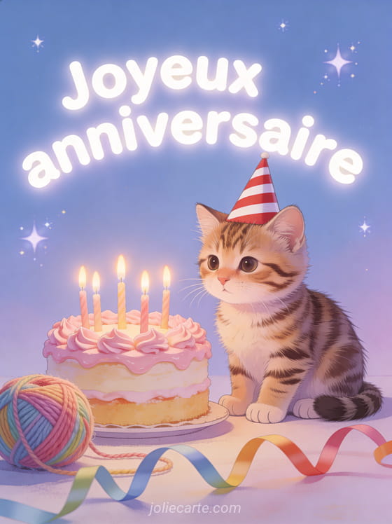Chaton tigré portant un chapeau de fête conique rayé assis à côté d'un gâteau d'anniversaire avec bougies et pelote de laine