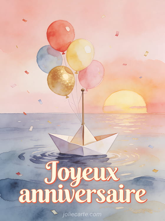 Petit bateau en papier voguant sur une mer calme avec ballons d'anniversaire attachés au mât sous un coucher de soleil pastel