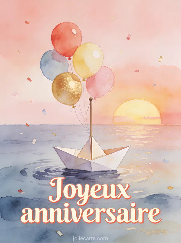 Petit bateau en papier voguant sur une mer calme avec ballons d'anniversaire attachés au mât sous un coucher de soleil pastel