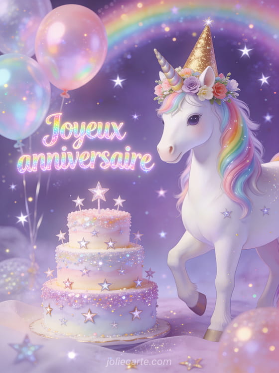 Licorne blanche avec crinière arc-en-ciel portant couronne de fleurs et chapeau de fête doré devant gâteau pailleté sur fond violet étoilé