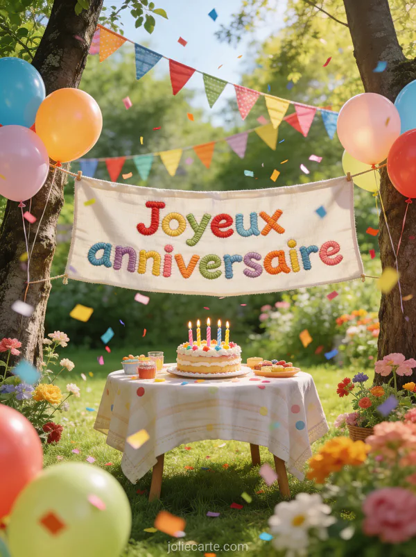 Banderole joyeux anniversaire en tissu accrochée entre deux arbres dans un jardin avec guirlandes ballons table de goûter et gâteau