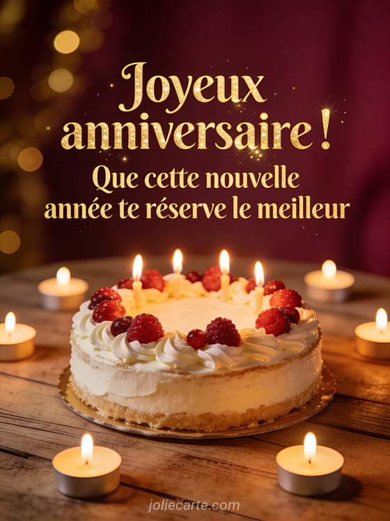 Gâteau d'anniversaire décoré de crème et fruits rouges sur table en bois avec bougies allumées et texte doré joyeux anniversaire