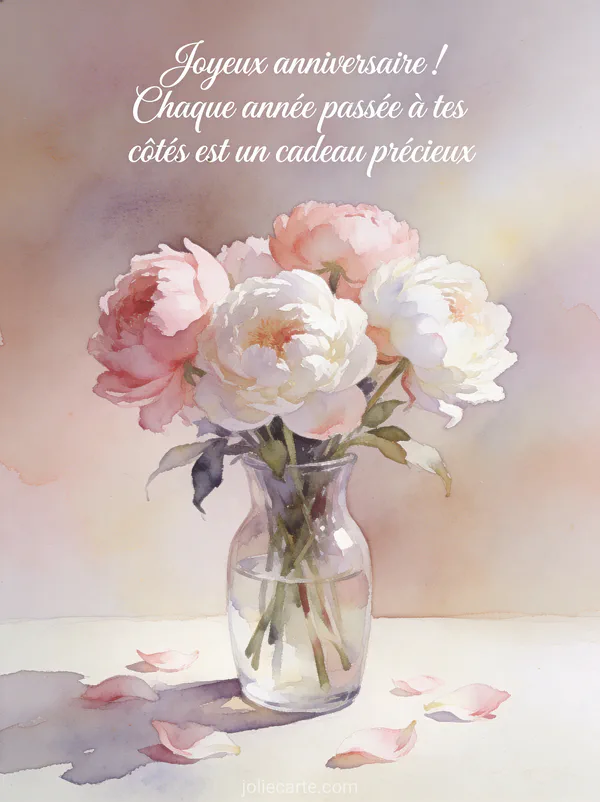 Bouquet de pivoines roses et blanches dans un vase en verre avec pétales éparpillés et texte calligraphié joyeux anniversaire style aquarelle