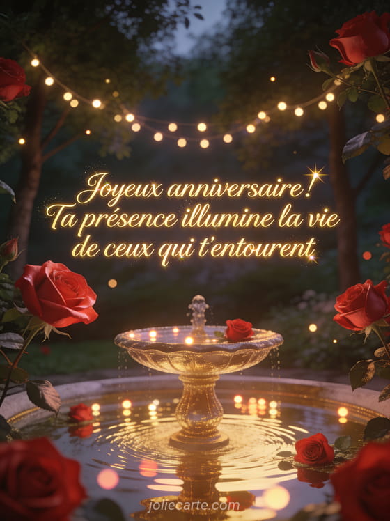 Jardin enchanté au crépuscule avec roses rouges et guirlandes lumineuses entre les arbres avec texte doré joyeux anniversaire