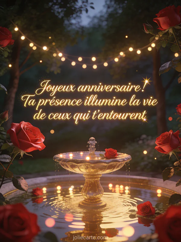 Jardin enchanté au crépuscule avec roses rouges et guirlandes lumineuses entre les arbres avec texte doré joyeux anniversaire