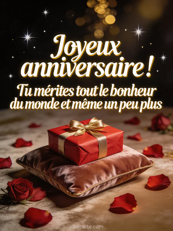 Cadeau d'anniversaire enveloppé de papier rouge avec noeud doré sur coussin de velours entouré de pétales de roses et bokeh étoilé