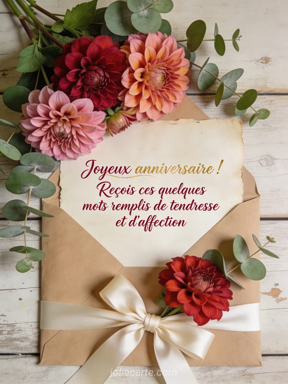 Composition florale de dahlias et d'eucalyptus posée sur une enveloppe ancienne en papier kraft avec ruban de satin et texte calligraphié bordeaux