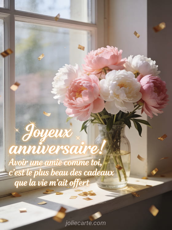 Bouquet de pivoines roses et blanches dans un vase en verre sur un rebord de fenêtre ensoleillé avec confettis dorés et texte manuscrit lumineux