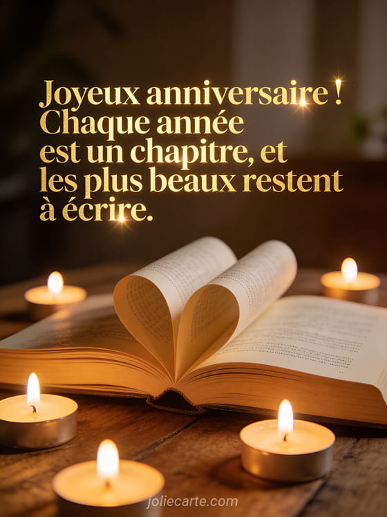 Livre ouvert sur une table en bois avec des bougies d'anniversaire allumées et le texte Joyeux anniversaire en lettres dorées