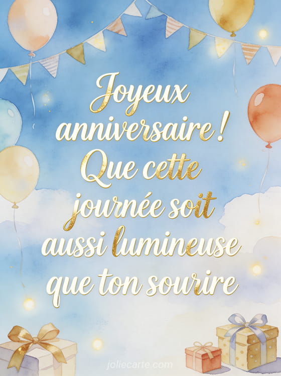 Ballons colorés flottant dans un ciel bleu avec guirlandes de fanions et petits cadeaux emballés avec rubans dans un style aquarelle