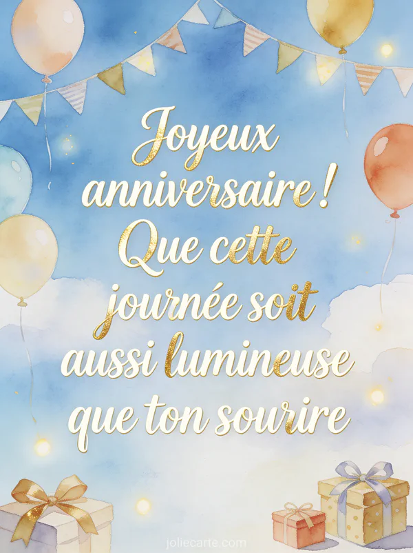 Ballons colorés flottant dans un ciel bleu avec guirlandes de fanions et petits cadeaux emballés avec rubans dans un style aquarelle