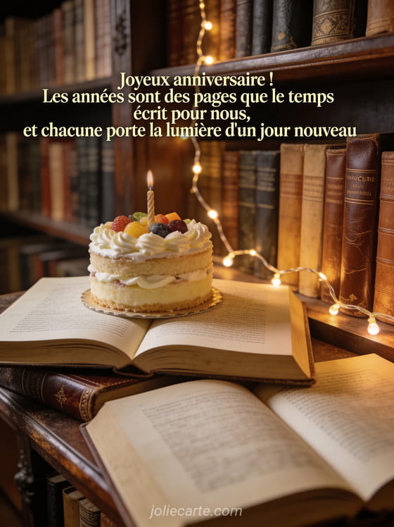 Bibliothèque ancienne avec livres reliés cuir, guirlande lumineuse et petit gâteau d'anniversaire posé sur un livre ouvert