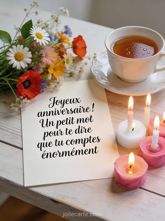 Carte posée sur une table avec un bouquet de fleurs des champs, une tasse de thé et des bougies d'anniversaire en lumière douce naturelle