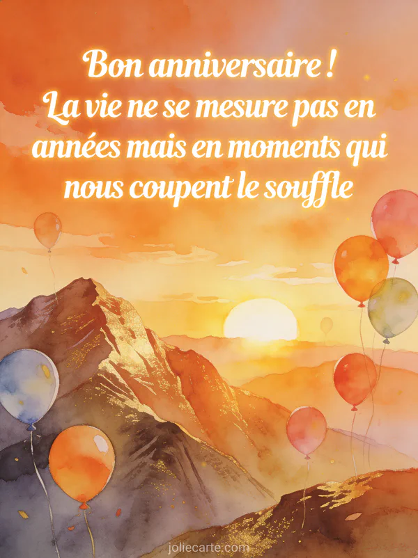 Paysage de montagne au lever du soleil avec des ballons d'anniversaire colorés flottant dans le ciel, illustration aquarelle