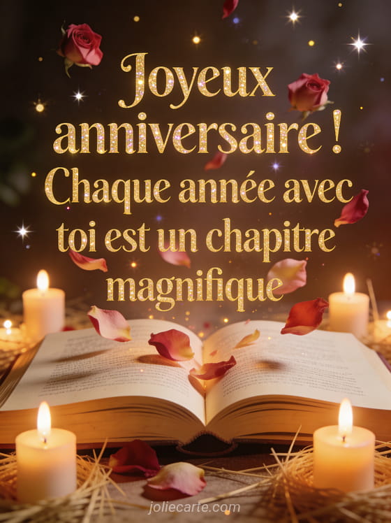 Livre ouvert avec des pétales de roses qui s'envolent entouré de bougies allumées sous un ciel étoilé avec lettres dorées pailletées