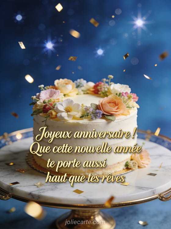 Gâteau d'anniversaire élégant décoré de fleurs sur un plateau en marbre avec des confettis dorés et un fond étoilé