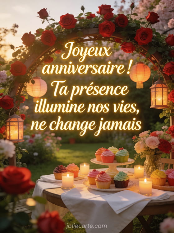 Jardin fleuri au printemps avec arche décorée de roses et lanternes, petits gâteaux sur table de fête en extérieur en lumière dorée
