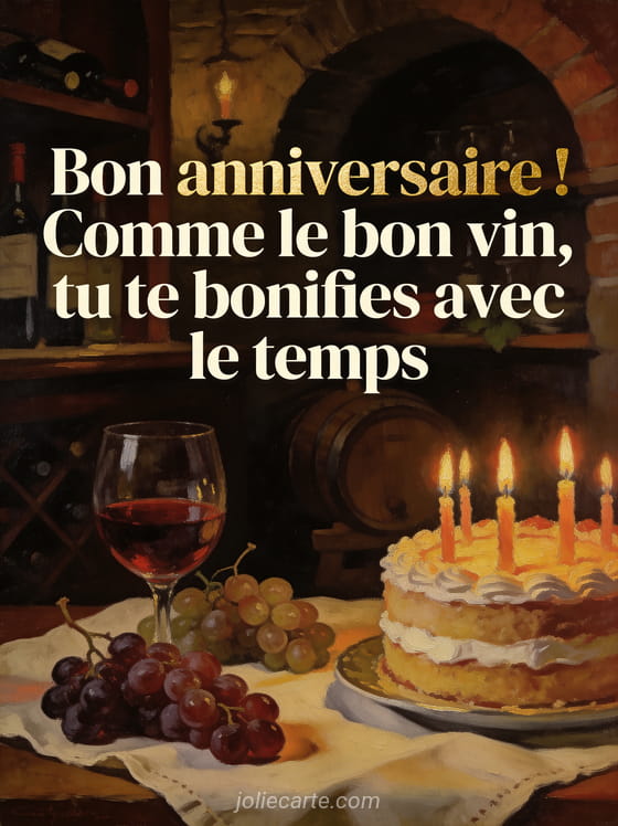 Nature morte avec verre de vin rouge, raisins et gâteau d'anniversaire avec des bougies, éclairage clair-obscur, style peinture à l'huile