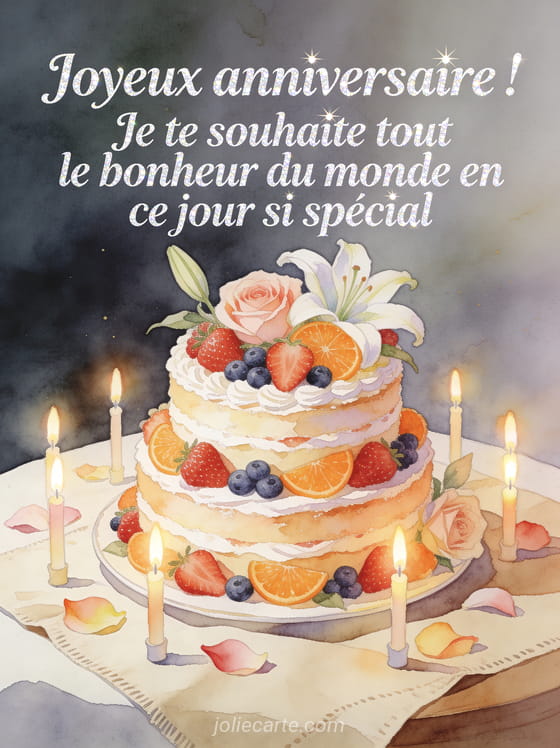 Magnifique gâteau à étages décoré de fruits frais et de fleurs entouré de bougies allumées sur nappe en lin avec pétales éparpillés