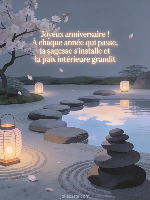 Jardin zen japonais avec pierres empilées, eau calme, cerisier en fleurs avec pétales tombants et lanternes allumées, illustration minimaliste