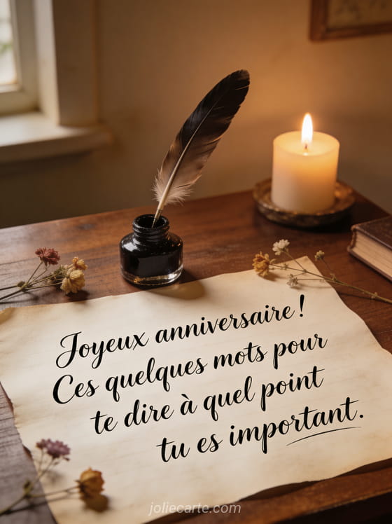 Bureau en bois avec une plume, un encrier, des fleurs séchées et une bougie, texte manuscrit élégant sur fond parchemin en lumière tamisée