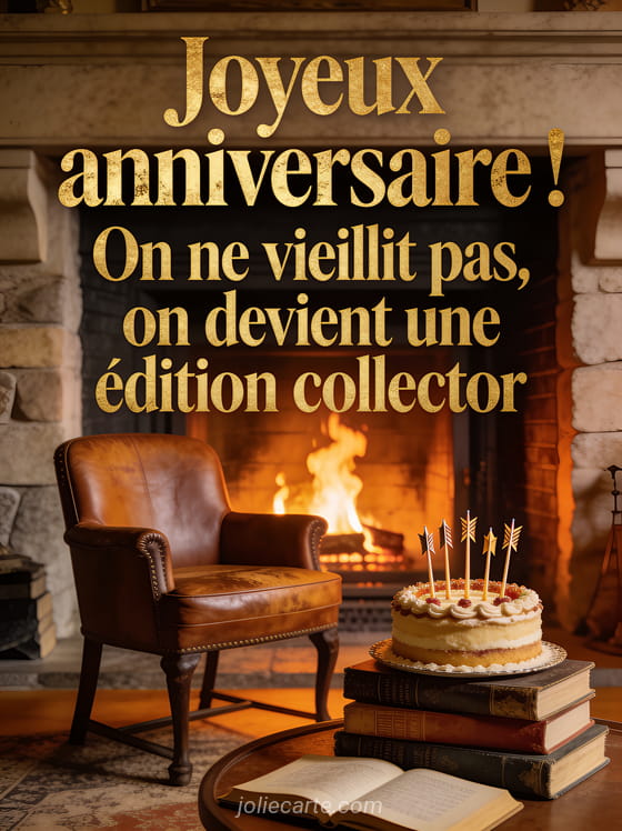 Fauteuil en cuir patiné devant une cheminée allumée avec un gâteau d'anniversaire et des livres anciens, lumière orangée, style photoréaliste