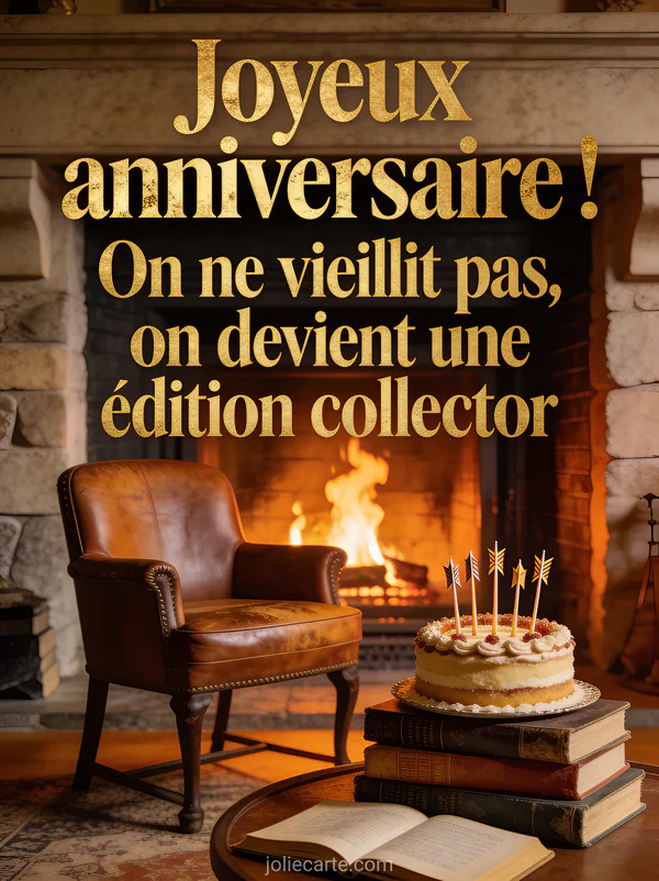 Fauteuil en cuir patiné devant une cheminée allumée avec un gâteau d'anniversaire et des livres anciens, lumière orangée, style photoréaliste