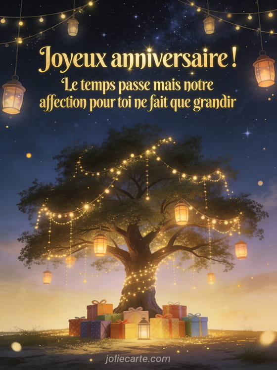 Grand arbre majestueux couvert de guirlandes lumineuses et de lanternes avec des cadeaux au pied sous un ciel étoilé féerique