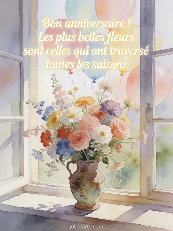 Bouquet de fleurs colorées dans un vase ancien sur un rebord de fenêtre avec des ballons pastel en arrière-plan, illustration aquarelle