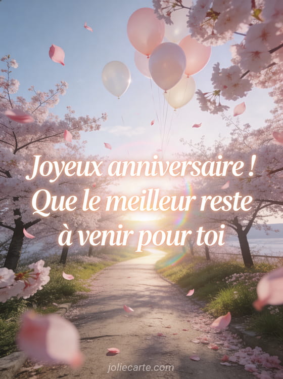 Chemin bordé de cerisiers en fleurs menant vers un horizon lumineux avec pétales roses et ballons qui s'élèvent dans le ciel matinal