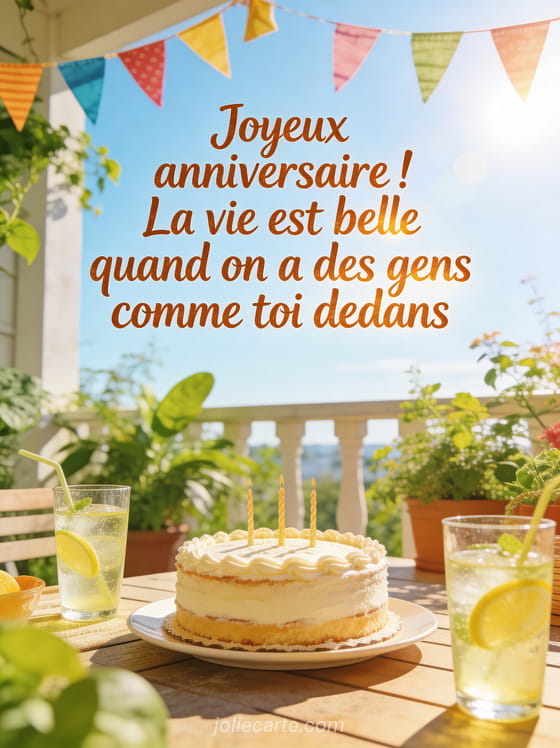Terrasse ensoleillée avec plantes vertes, gâteau d'anniversaire élégant, verres de limonade et guirlandes de fanions colorés en lumière estivale