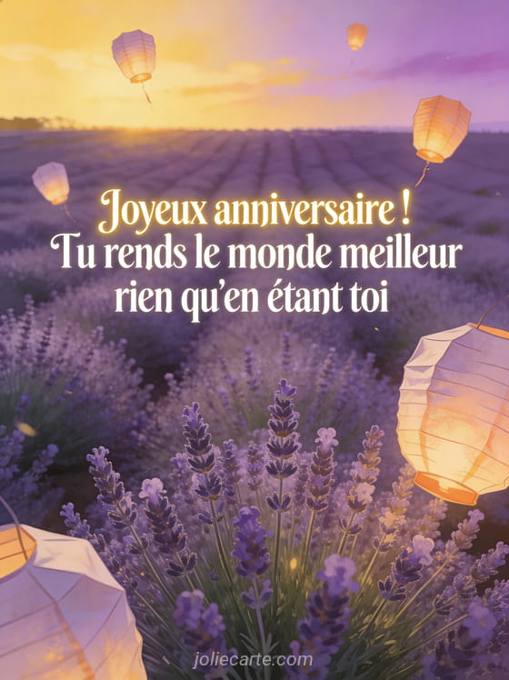 Champ de lavande au coucher du soleil avec lanternes flottantes qui s'élèvent dans un ciel doré et violacé, ambiance poétique