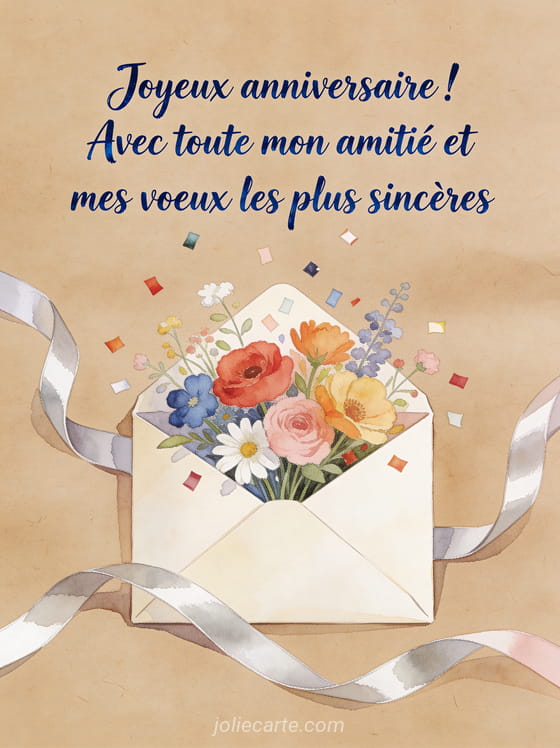 Enveloppe ouverte d'où sortent des fleurs colorées et des confettis avec rubans satinés sur fond papier kraft en aquarelle raffinée