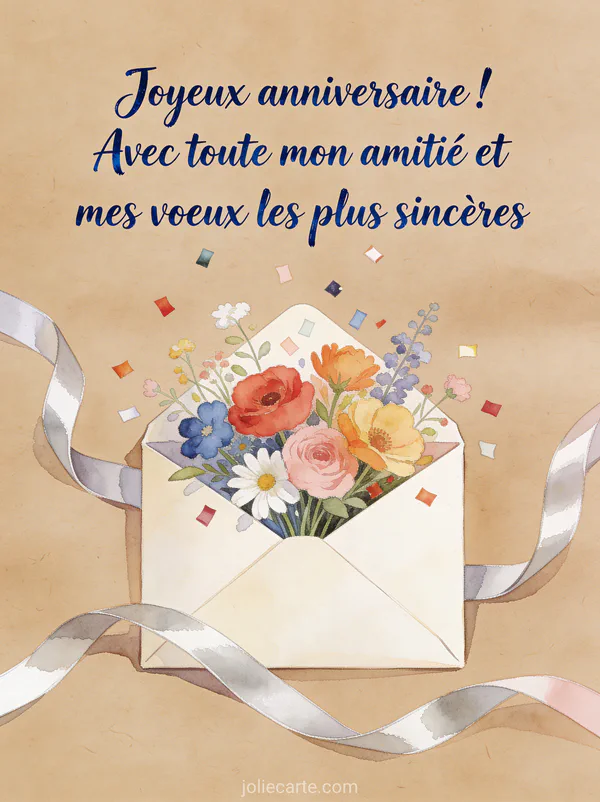 Enveloppe ouverte d'où sortent des fleurs colorées et des confettis avec rubans satinés sur fond papier kraft en aquarelle raffinée
