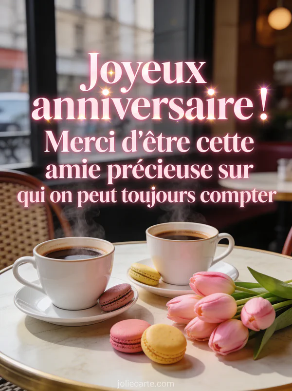Deux tasses de café fumantes côte à côte sur une table de bistrot avec des macarons et un bouquet de tulipes en lumière douce