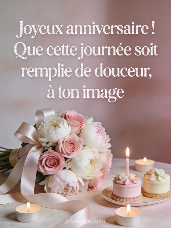 Arrangement floral luxueux de roses roses et pivoines blanches avec rubans satinés, petits gâteaux décorés et bougies parfumées en lumière douce