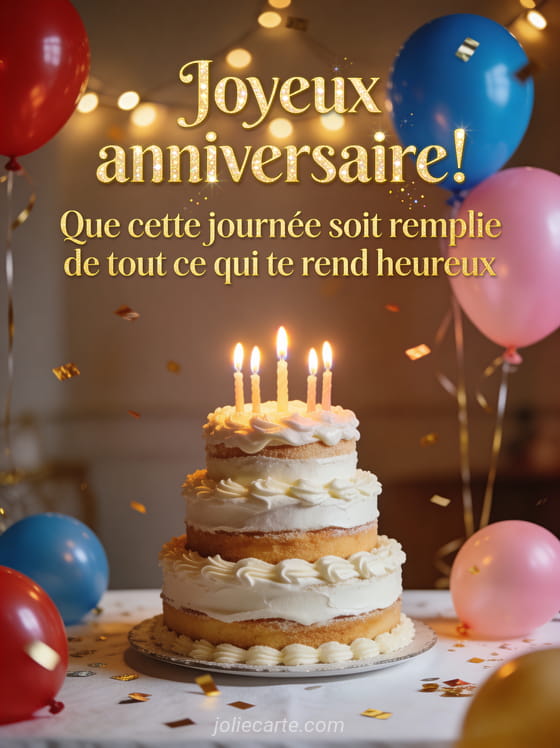 Gâteau d'anniversaire à étages avec bougies allumées, ballons colorés et confettis dorés avec texte Joyeux anniversaire