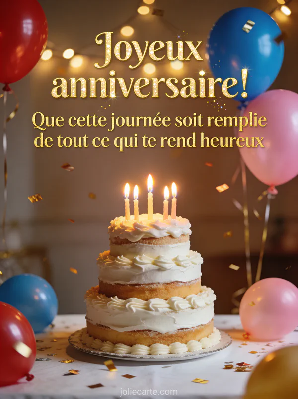 Gâteau d'anniversaire à étages avec bougies allumées, ballons colorés et confettis dorés avec texte Joyeux anniversaire