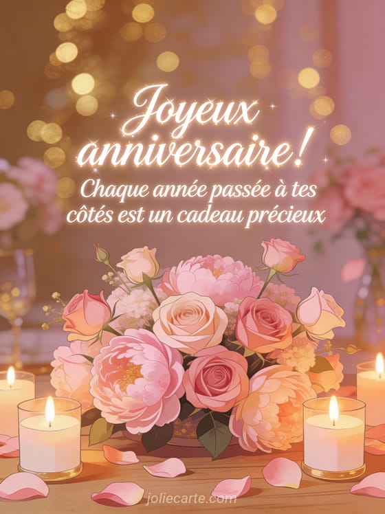Composition florale de roses et pivoines roses avec bougies allumées et pétales sur bois, texte Joyeux anniversaire