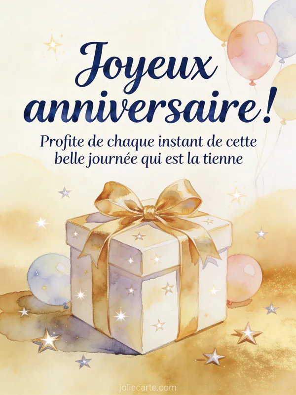 Paquet cadeau doré entouré d'étoiles scintillantes et de ballons pastel sur fond crème avec texte Joyeux anniversaire