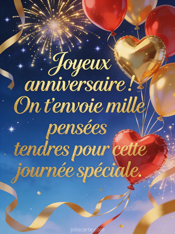Ballons en forme de coeur rouge et or avec rubans sous des feux d'artifice dorés dans un ciel étoilé avec texte Joyeux anniversaire