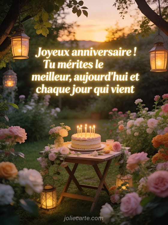 Jardin fleuri au coucher du soleil avec table d'anniversaire décorée, gâteau avec bougies et lanternes suspendues