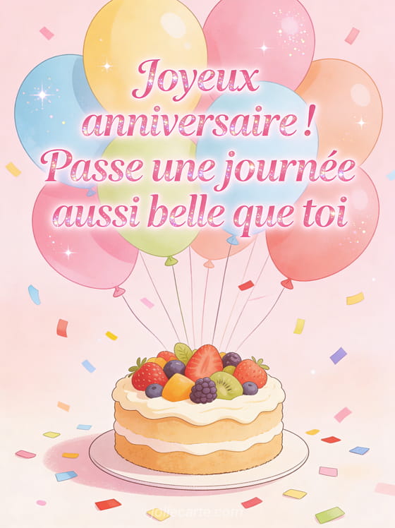 Ballons colorés avec gâteau décoré de fruits frais et confettis multicolores sur fond lumineux avec texte Joyeux anniversaire