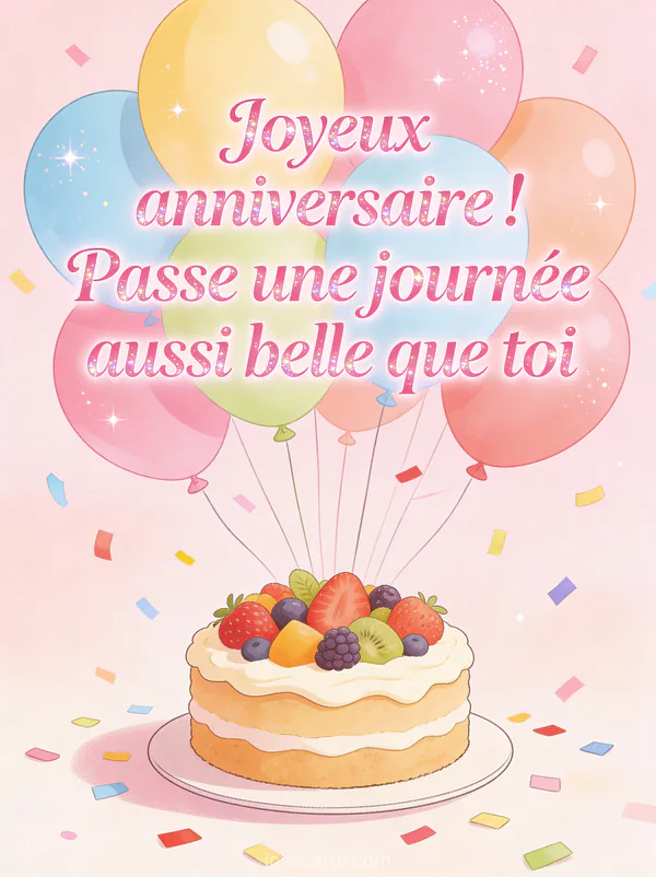 Ballons colorés avec gâteau décoré de fruits frais et confettis multicolores sur fond lumineux avec texte Joyeux anniversaire