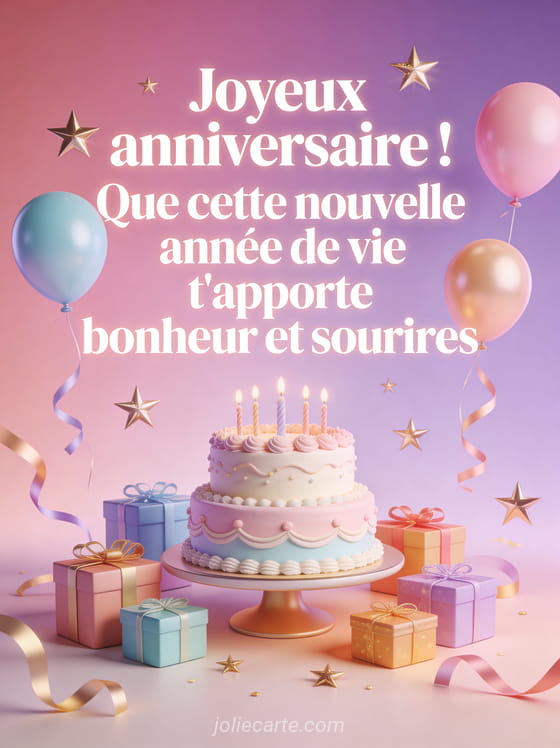 Gâteau d'anniversaire pastel en 3D entouré de cadeaux colorés, ballons et étoiles dorées sur fond rose et violet