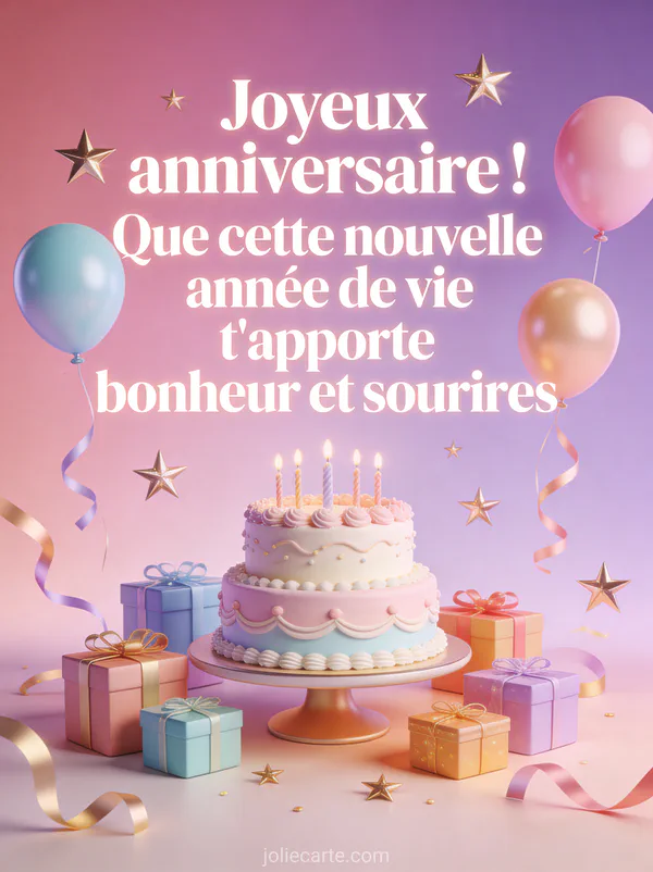 Gâteau d'anniversaire pastel en 3D entouré de cadeaux colorés, ballons et étoiles dorées sur fond rose et violet