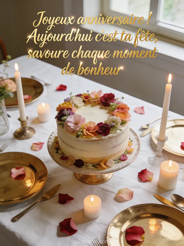 Table de fête vue de dessus avec gâteau décoré de fleurs, assiettes dorées, bougies et pétales de rose