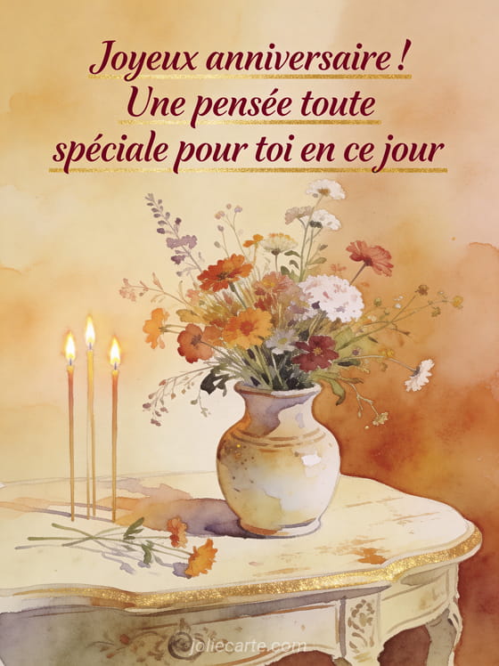 Aquarelle d'un bouquet de fleurs sauvages dans un vase en céramique avec bougies allumées, tons chauds automnaux