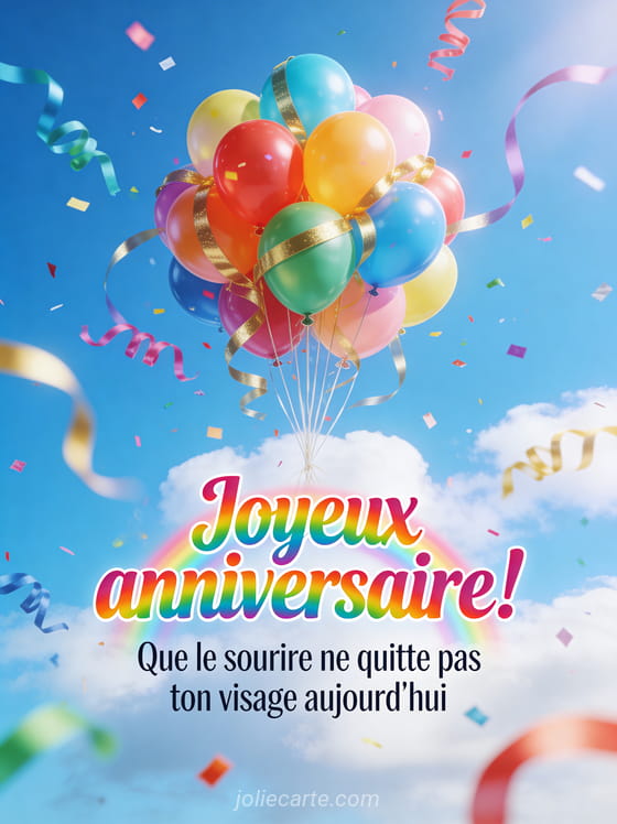 Ballons colorés gonflés à l'hélium avec rubans dorés, confettis et serpentins multicolores sur fond bleu ciel lumineux