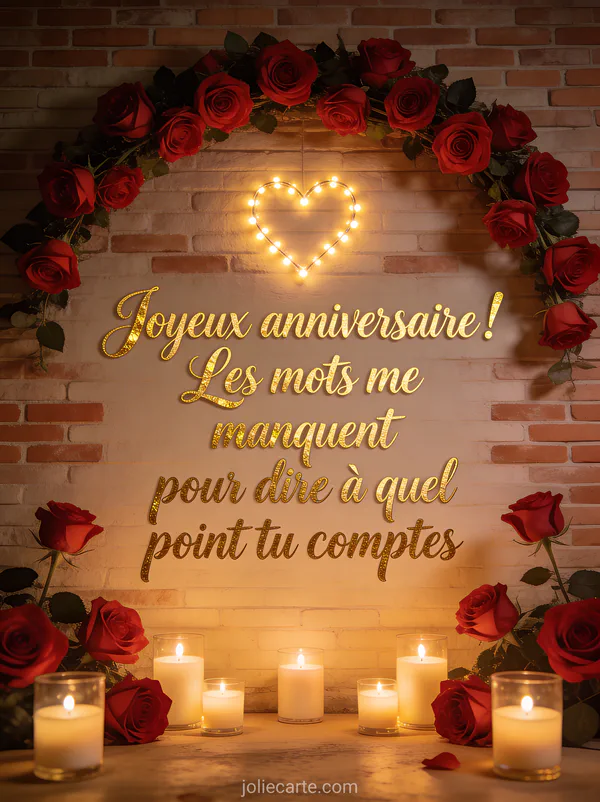 Coeur lumineux en LED sur mur de brique, roses rouges en arc et bougies votives avec texte Joyeux anniversaire